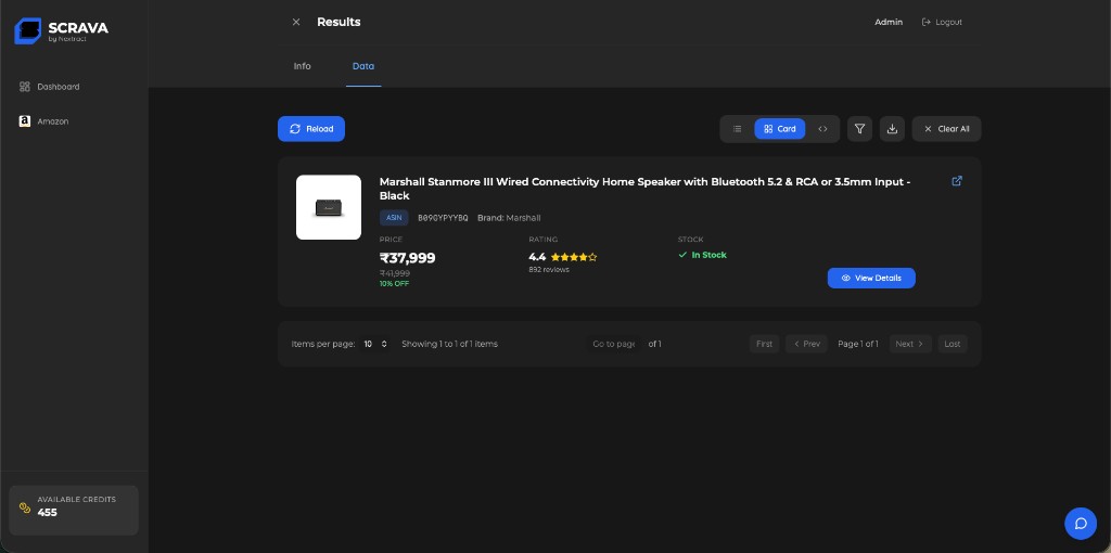 Scrava dashboard showing Amazon product results, pricing and ratings in real time